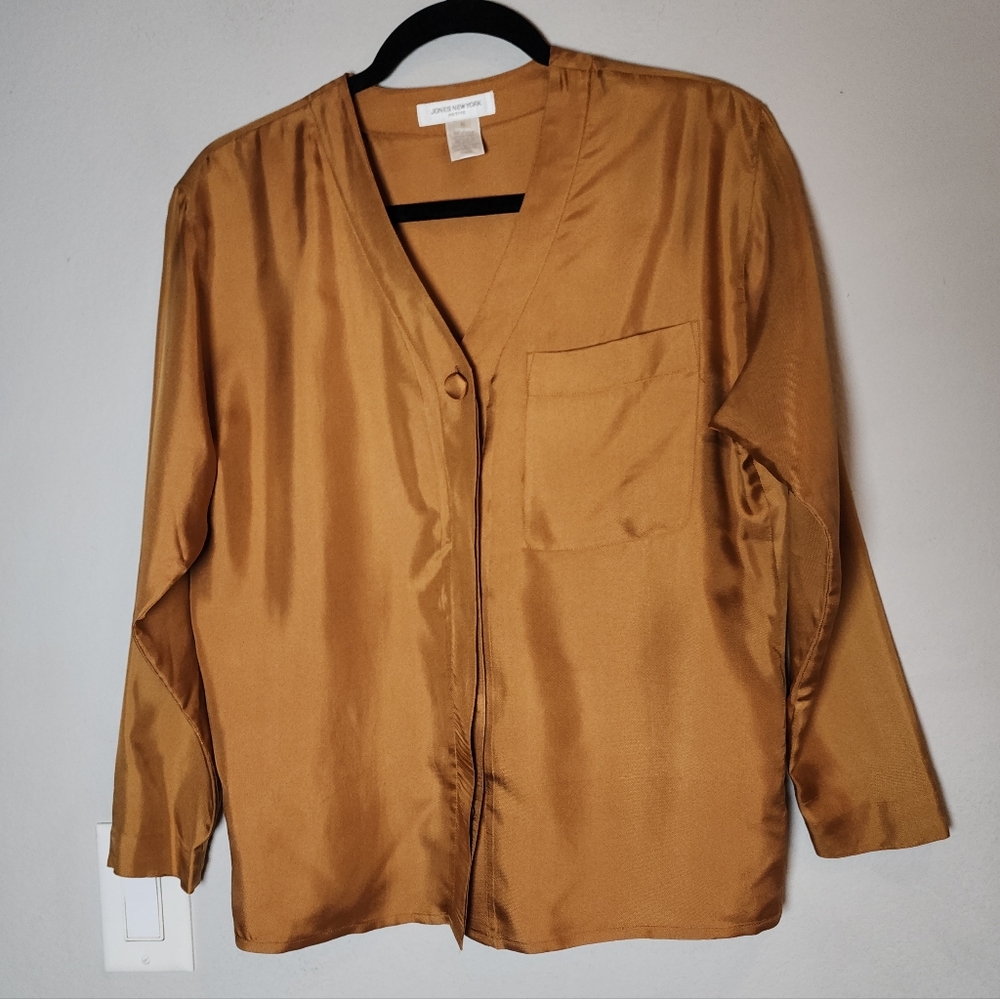 JNY 100% Silk Golden Brown Long Sleeve Button Shirt Size 6 Petite 6P